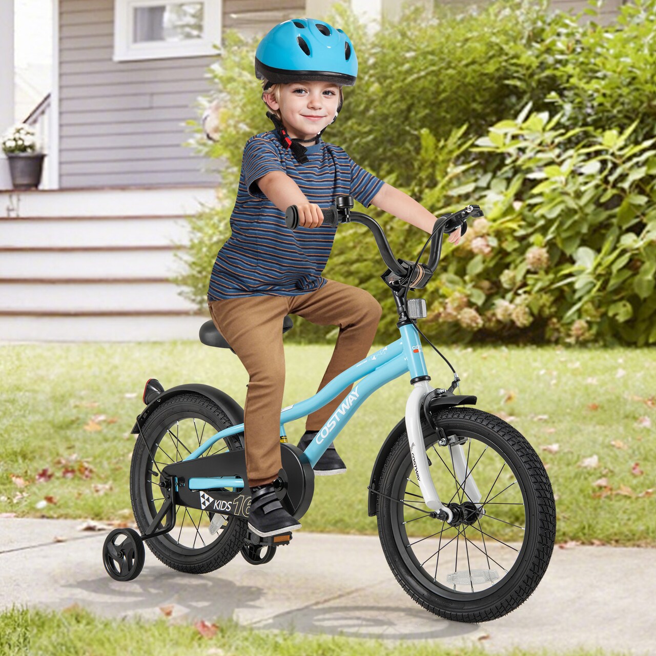 Blue Kids Bicycle with Hand and Coaster Brakes and Anti-Slip Handlebars Training Wheels Included